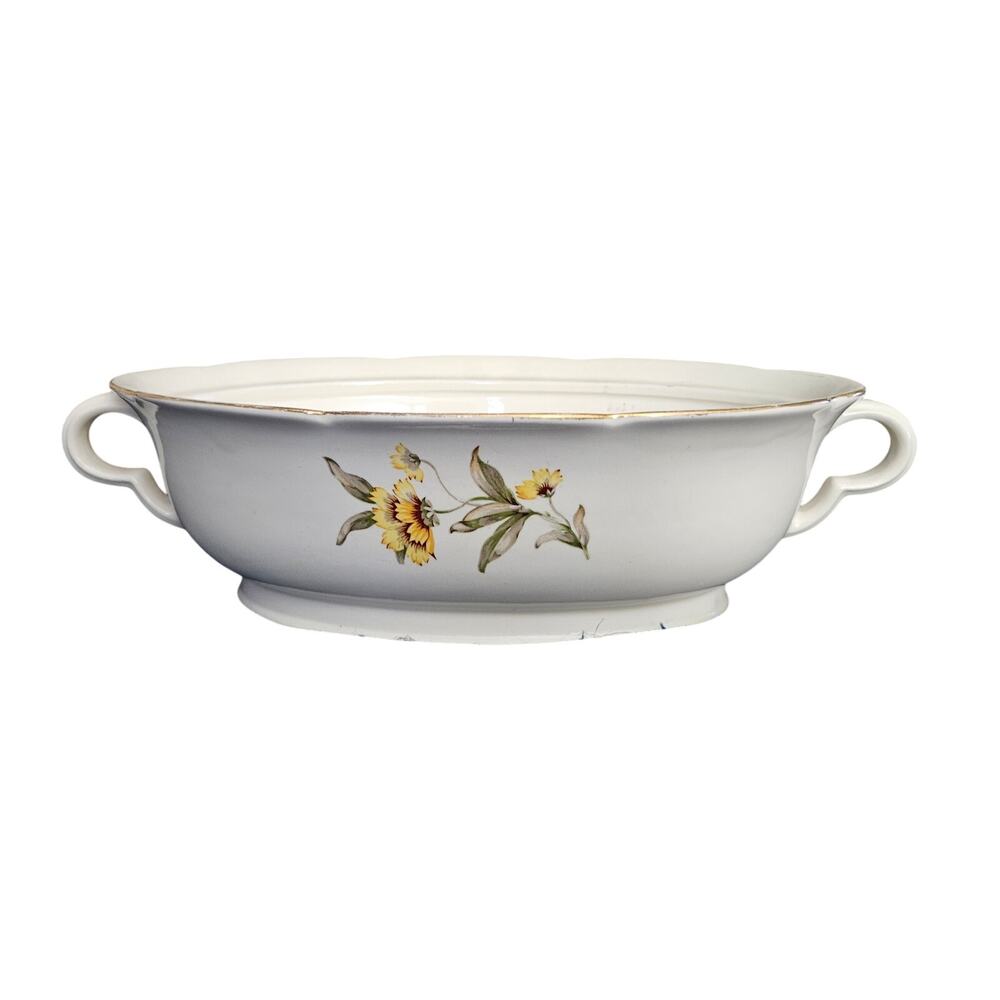 Vintage Floral Handled Serving Bowl White Ceramic Gold Trim Mid Century